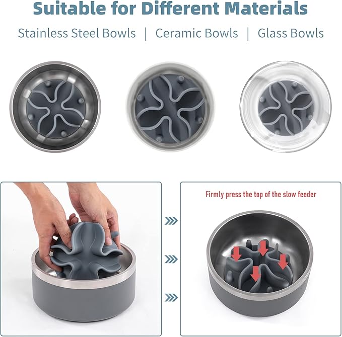 Jaoul Slow Feeder Dog Bowls Insert, Puzzle Slow Feeder Insert with 21 Octopus Suction Cups for Small Breed Dog Food Bowls (4 inch, Grey)