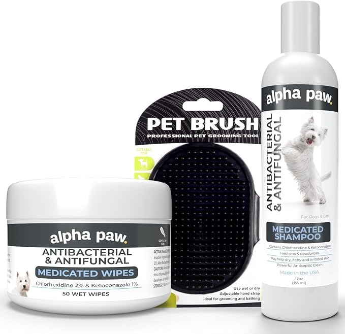 Smiling Paws Pets Medicated Grooming Kit Including: Wipes, Shampoo, and Brush for Dogs & Cats
