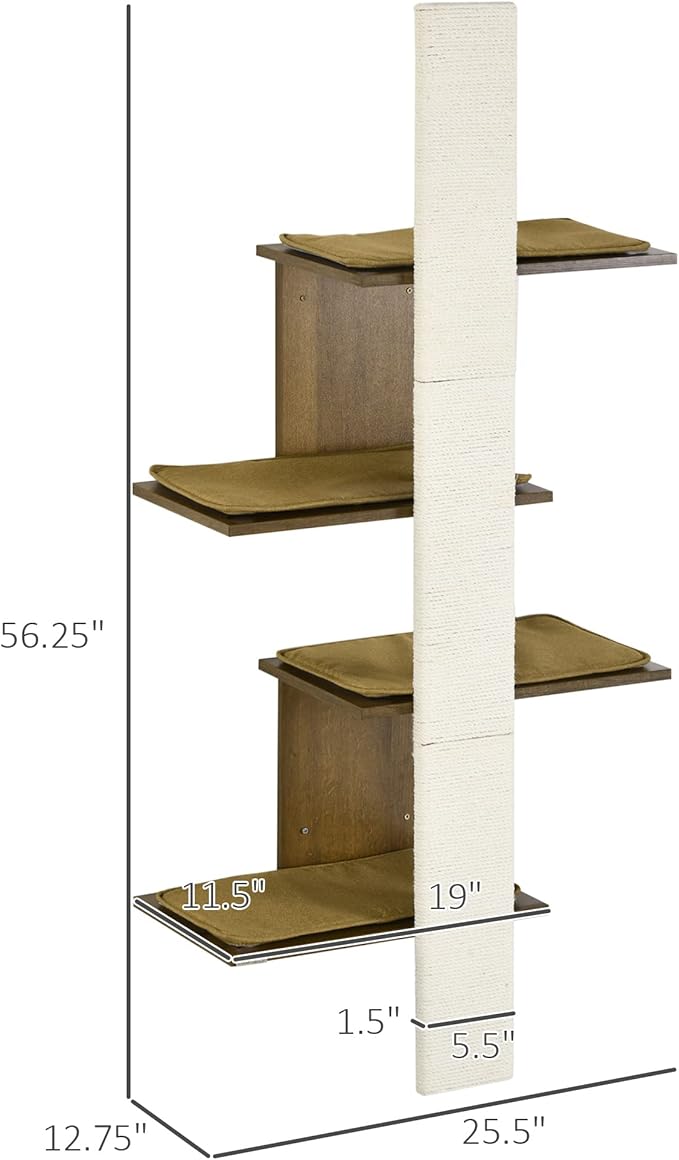 PawHut Wall-Mounted Cat Tree, 4-Layer Cat Wall Shelves Furniture with Scratching Board, Kitten Activity Center with Cushions, Natural