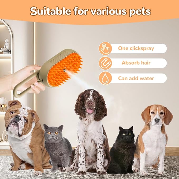 2025 New Pet Steam Groomer Brush, 3 in 1 Cat Steam Brush for Massaging and Cleaning Shedding Hair, Upgrade Pet Steam Groomer Comb Multifunctional Hair Removal Comb for Cats Dogs (White & Khaki)