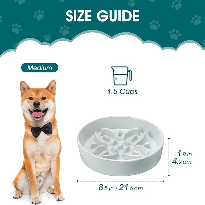 vancasso Ceramic Slow Feeder Dog Bowls, Puzzle Dog Food Bowls with Floral Maze, Anti -Slip Pet Food Dish for Large Breed, 3 Cups, Grayish Cyan