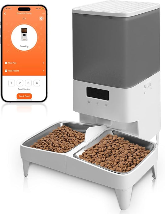 Automatic Cat Feeder for 2 Cats, 5L Automatic Cat Food Dispenser for Small Pets Indoor, 2.4G WiFi Pet Feeder with Free APP Control, Whisker-Friendly Bowls, 1-10 Meals/Day, Detachable for Easy Clean