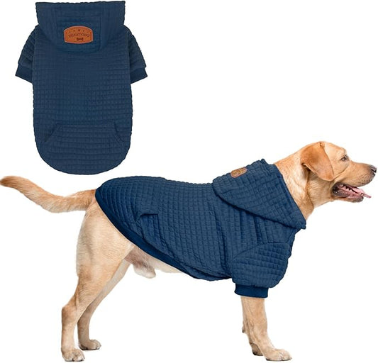 BEAUTYZOO Medium Dog Hoodie Sweater with Pockets, Dog Clothes for Small Medium Dogs Boy Girl, Waffle-Like Laminated Cotton Pet Coats with Hat and Leash Hole, Navy Blue XL
