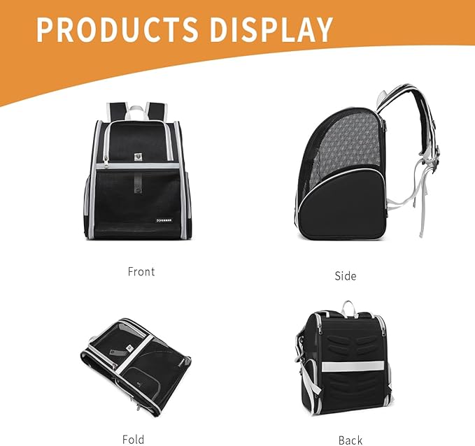 Cat Backpack Carrier Pet Backpack Carrier for Small Dogs and Medium cat Puppy Kitten Bunny up to 15lbs, Cat Carrying Backpack Collapsible with Fully Ventilated Mesh with Safety Leash (Black)