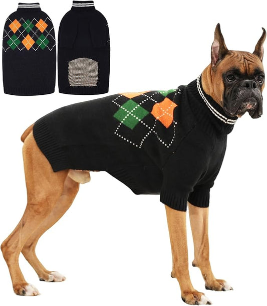 XXXXL Boy Dog Sweater, Dog Sweaters For Extra Large Dogs Boy, Winter Warm Pullover, Turtleneck Knit Dog Christmas Sweater with Sleeves, Soft Stretchy Knitwear for Cold Weather, Holidays - Black