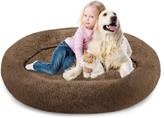 SAVFOX Plush Calming Dog Beds, Donut Dog Bed for Small Dogs, Medium, Large & X-Large, Comfy Cuddler Dog Bed and Cat Bed in Faux Fur, Washable Dog Bed, Multiple Sizes XS-XXL