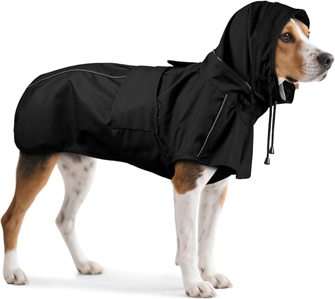 Dog Raincoats for Large Dogs with Hood, Waterproof Dog Rain Coat with Leash Hole, Reflect Strips, Ideal for Rain, Snow, Windy Weather & Outdoor Walks, Camping, Hiking - Black L