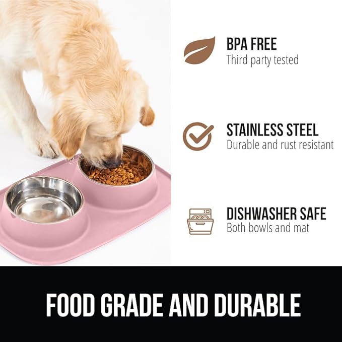GORILLA GRIP Feeding Mat Set, Patent Pending 100% Waterproof BPA Free Silicone, Stainless Steel Cat and Dog Bowls, Slip Resistant, High Edges Catch Water, Food, US Designed Pet Accessories, 2 Cup Pink