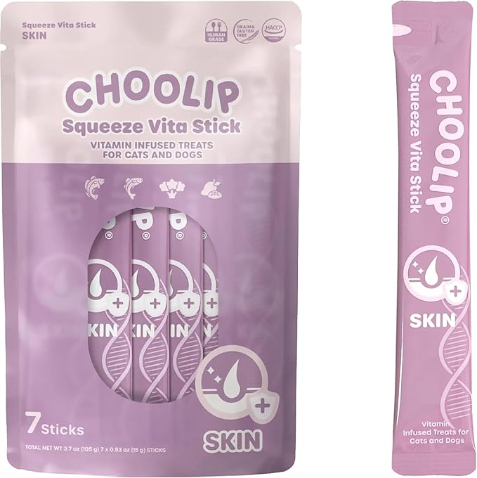 Choolip Squeeze Vita Stick Lickable Cat and Dog Treats – 7-Count Skin and Coat Support Sticks with Multivitamins, Soft Squeezable Paste for All Life Stages, Supporting Skin and Coat Health