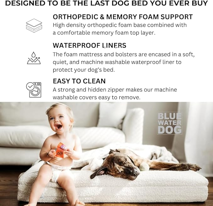 Luxury Boucle Orthopedic Memory Foam Dog Bed with Waterproof Liner and Machine Washable Cover with YKK Zippers (Large, 45" L x 36" W x 7" Th, Ocean Blue)