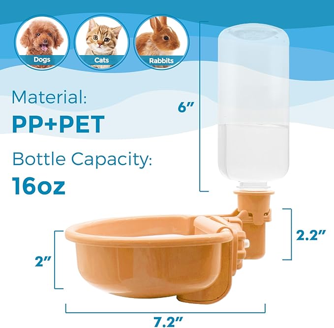 VANNON 16oz Pet Water Bottle, Gravity Dog Water Bowl Dispenser for Cage, Anti-Overflow Water Dispenser for Small Dogs, Cats, Rabbits and Other Small Animals, BPA Free, Orange
