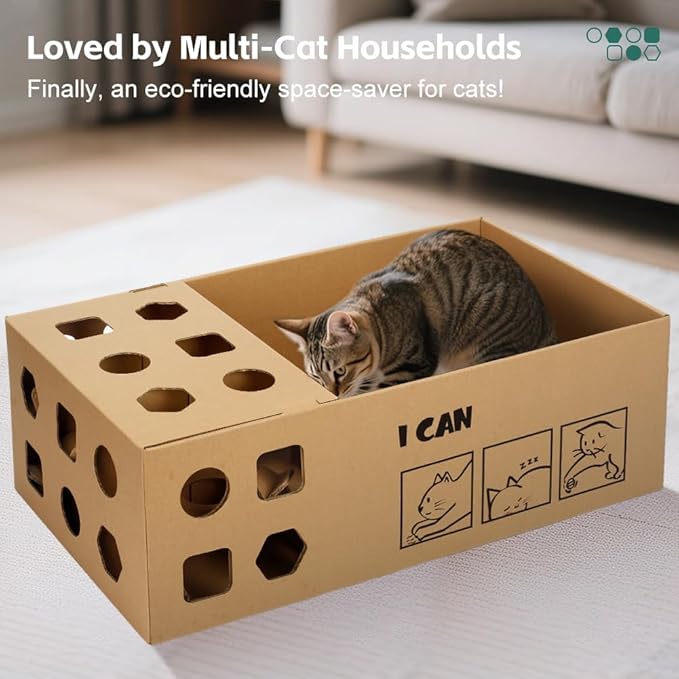 3-in-1 Multi-Functional Cardboard Cat Scratcher Box with Double-Sided Scratch Pad and Interactive Toy Assortment - Includes Refillable Pads and Treat Puzzle Box - Ideal for Indoor Cats