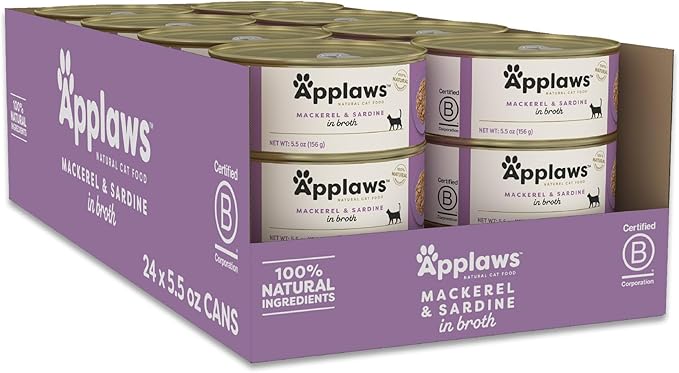 Applaws Natural Wet Canned Cat Food, Limited and Natural Ingredients, High Protein with No Artificial Additives, Mackerel & Sardine in Broth (24 x 5.5oz Cans)