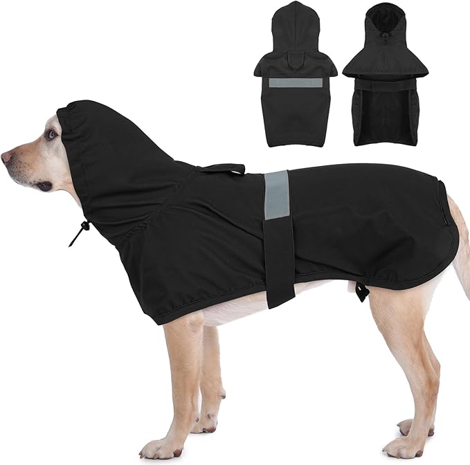 MIGOHI Dog Rain Coat, Hooded Rain Jacket for Dog | Adjustable Hood and Hind Leg Straps Dogs Rain Coat, Reflective Strap for Night Walking, Black, XL