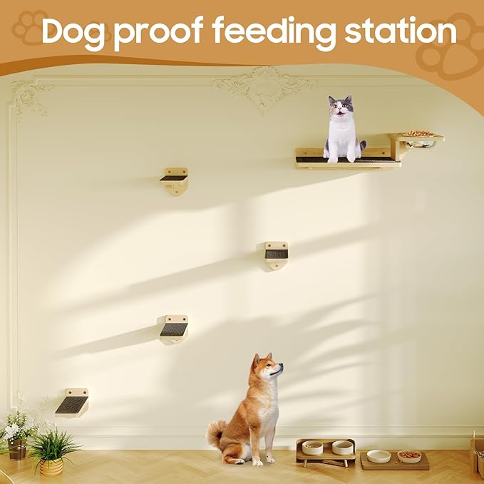 MeowHomm Cat Wall Shelves, Wood Cat Feeding Shelf with 4 Non-Slip Steps, 2 Food Bowls, Wall-Mounted Furniture for Kittens
