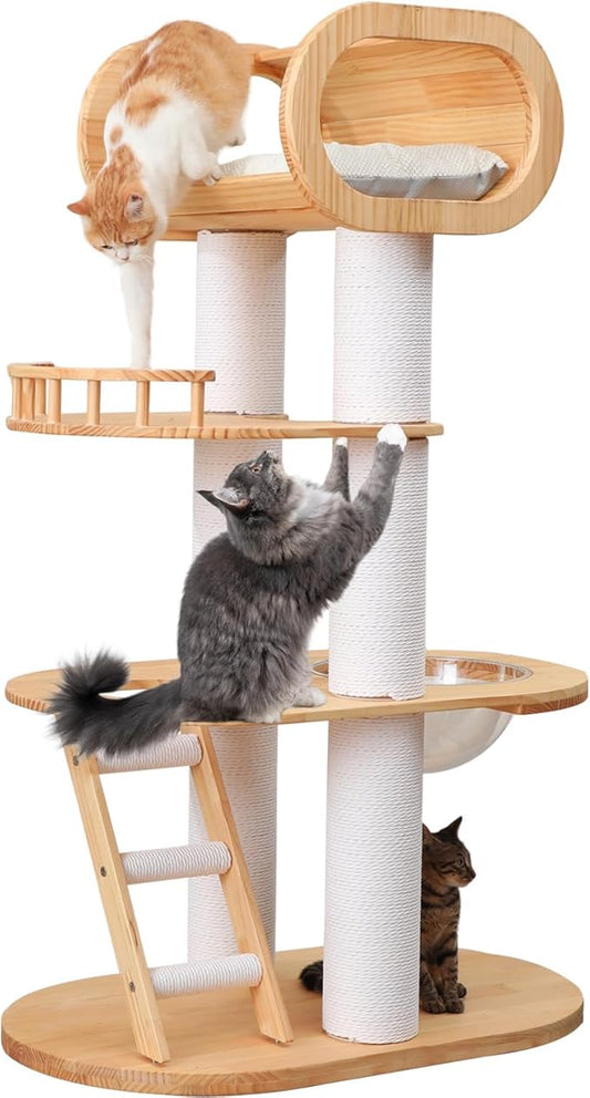 63'' Tall Solid Wood Modern Cat Tree Tower for Indoor Large Cats,Multi-Level Heavy Duty Cat Furniture with Condo Removable Cushion Sisal Scratching Posts Clear Bowl Hammock for Maine Coon
