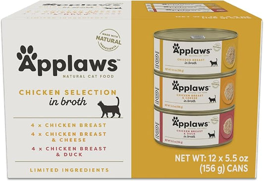 Applaws Natural Wet Cat Food in Broth, Limited and Natural Ingredients, High Protein with No Artificial Additives, Chicken Selection Variety Pack in Broth (12 x 5.5oz Cans)