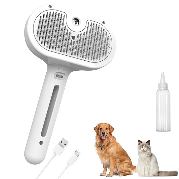 Pet Steam Brush, 3-in-1 Spray Hair Removal Comb for Dog and Cat, Steam for Shedding and Grooming, Spritz Defur Comb, Water Brush for Long & Short Haired Pets