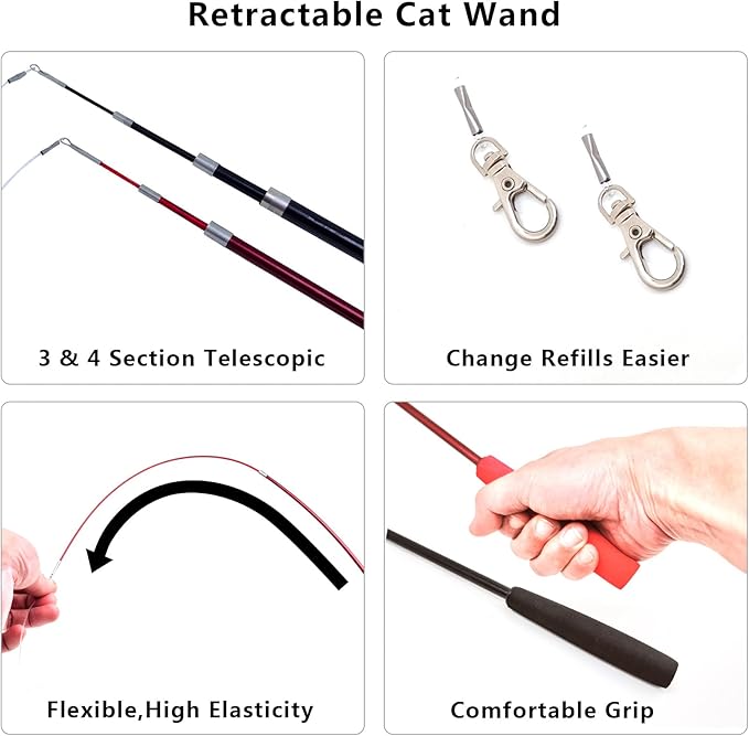 Interactive Cat Wand Toy Set β 2 Retractable Wands (38" & 50") with 11 Refills Attachments β Feather Toys, Plush Bird, Worms, Insect & Swallow β Cat Teaser Toys for Indoor Cats & Kittens