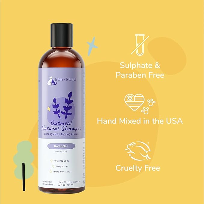 kin+kind Oatmeal Shampoo Lavender for Dogs & Cats Natural Dog Shampoo for Itchy & Sensitive Skin with Colloidal Oatmeal, Olive Oil & Coconut Oil Moisturizing & Safe Pet Shampoo Made in USA (12 fl oz)
