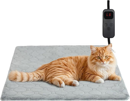 Pet Heating Pad for Cats & Dogs Indoor Outdoor, Warming Cat Heating Pad with Chew Resistant Cord, Adjustable Temperature & Time, Heated Cat Bed Mat Waterproof for Cats Small Dogs, 17.7'' × 17.7''