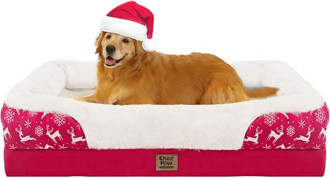 Christmas Washable Orthopedic Large Dog Bed - Removable Orthopedic Foam Pet Couches with Bolsters Waterproof Large Dog Bed and Non-Slip Bottom Extra Large Pet Sofa - Red