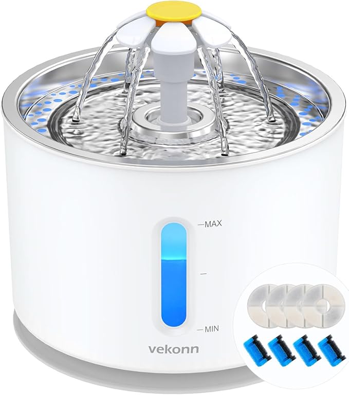 Cat Water Fountain Stainless Steel Top with 4 Filters & 4 Sponges, 2.4L Pet Water Fountain for Small Dog and Cat with LED Light and Water Level Window (Grey)