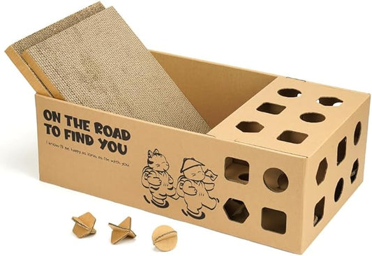 3-in-1 Multi-Functional Cardboard Cat Scratcher Box with Double-Sided Scratch Pad and Interactive Toy Assortment - Includes Refillable Pads and Treat Puzzle Box - Ideal for Indoor Cats