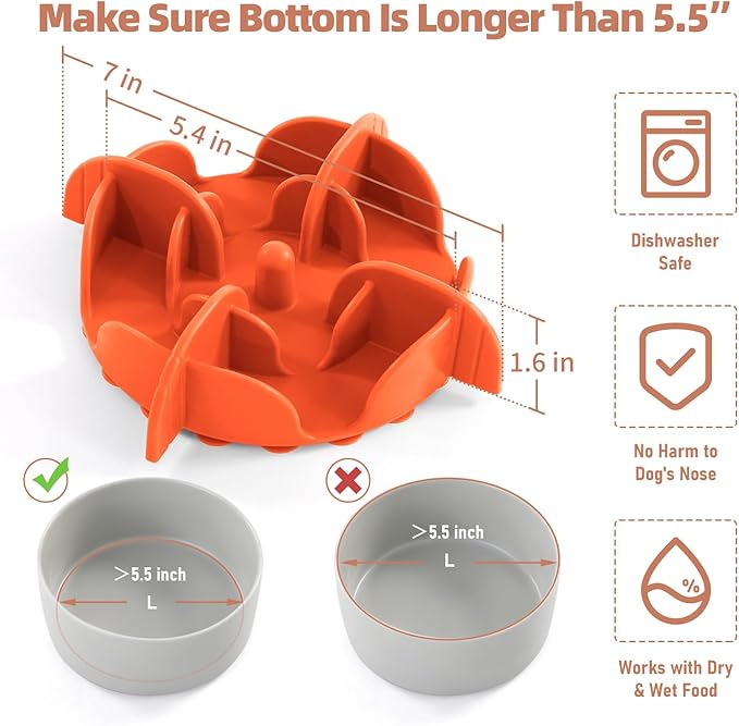 Jaoul Slow Feeder Dog Bowls Insert for Large Breed, 7 Inch Cuttable Slow Feeder Insert with 32 Octopus Suction Cups for Medium Large Size Dog Food Bowl (X-Large, Orange)