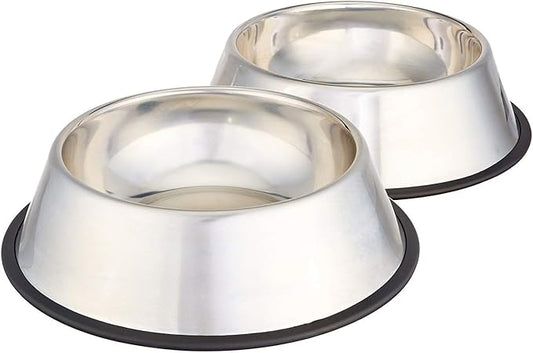 Amazon Basics Stainless Steel Non-Skid Pet Dog Water And Food Bowl, 2-Pack (10 x 2.8 Inches), Each Holds Up to 38oz