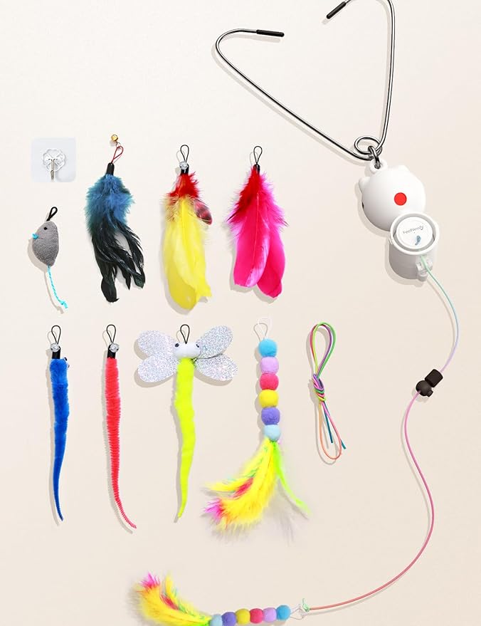 FEELNEEDY Laser Interactive Cat Toys, LED Light, 8 PCS Replacement Teaser with Bell Refills, Feather & Mouse Cats Toy, Hanging Cat Toys for Indoor Cats, for Bored Adult Kitten Exercise, Silver