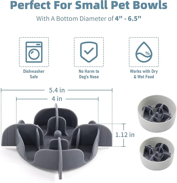 Jaoul Slow Feeder Insert for Small Dogs, Silicone Pet Feeder Accessory with Dividers & Suction Cups, Dishwasher Safe, 5x5 inches, Grey