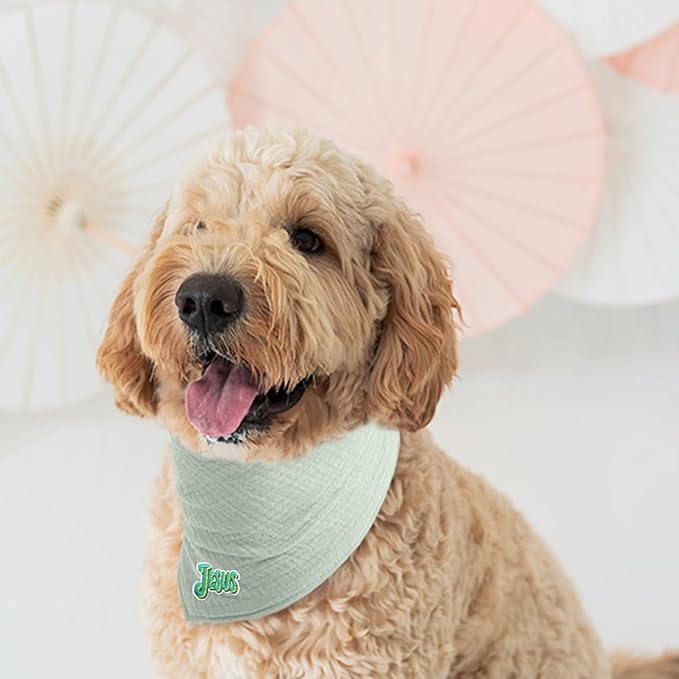 Embroidered Dog's Bandanas Solid Color Cotton Letter Pet Scarf with Adustable Button,Green,Medium