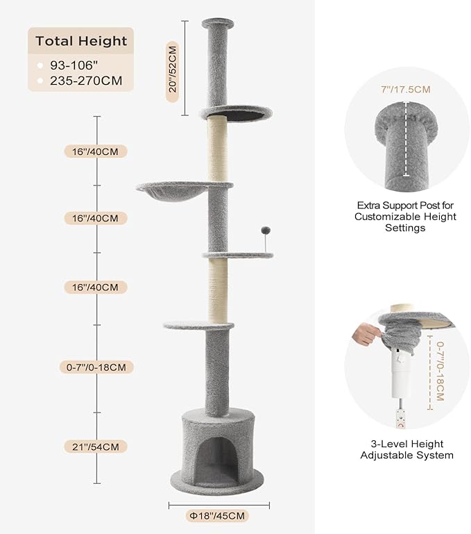 Made4Pets Floor to Ceiling Cat Tree 93-106'',Tall Cat Tower 5 Tiers,Adjustable Height, Stable Cat Tree Tower with Scratching Posts, Fluffy Condo, Hammock and Ball Toy for Indoor Cats/Kitten, Gray