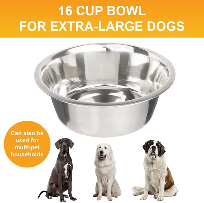 Neater Pet Brands 16 Cup (128 oz.) Stainless Steel Dog Bowls, 1 Single Large Dog Water Bowl or Food Bowl for Indoors or Outdoors, Metal Bowls for Large Breed, Dishwasher Safe Dish for Extra Big Dogs
