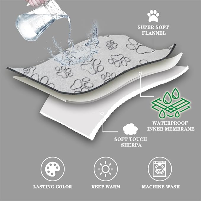 Qeils Dog Blankets for Small Dogs - Waterproof Pet Blanket Washable - Sherpa Fleece Puppy Blanket, Soft Plush Reversible Dog Blanket for Bed Couch Car Sofa, 30"X40", Grey Paw Print