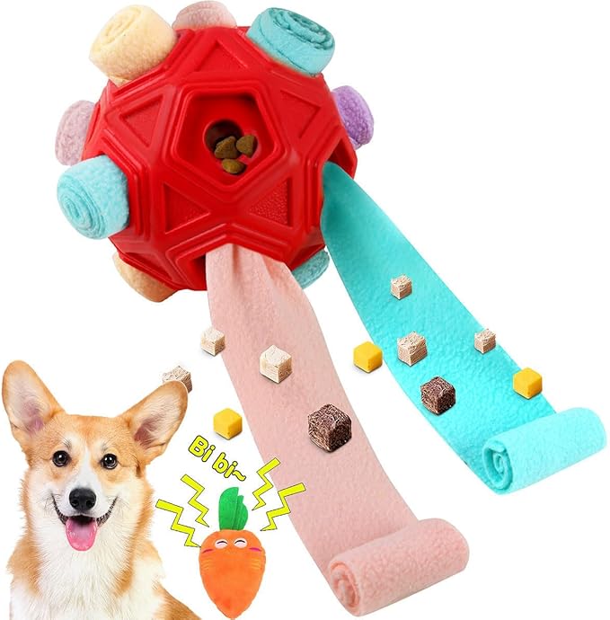 Dog Snuffle Ball-Interactive Puzzle Dog Toys Encourage Natural Foraging Skills Slow Feeder for Training and Stress Relief, Cloth Strip Hiding Food Chew Toys for Any Size Dogs (Red Macaron)