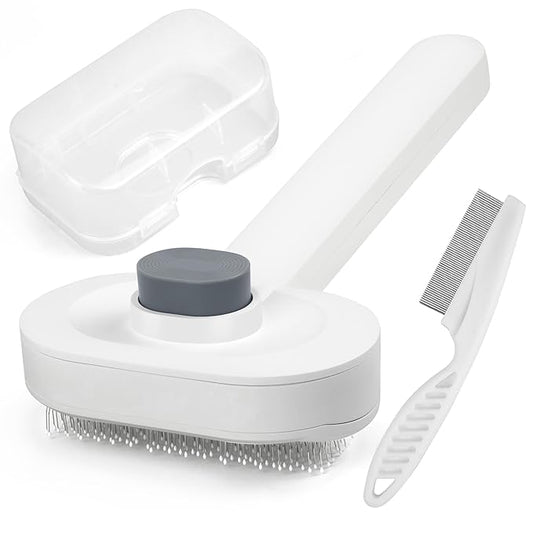 Soft Cat Brush for Indoor Cats Shedding with Protective Case, Flea Comb Included, Self-Cleaning Slicker Brush for Cats, Sensitive Cat Pet Hair Removal Tools Grooming Supplies