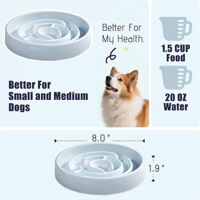 Ceramic Slow Feeder Dog Bowl,1.5 Cups Pet Slow Feeder for Small and Medium Breed,Puzzle Dog Food Dish,Anti-Gulping,Stop Bloat,Preventing Choking(Blue)