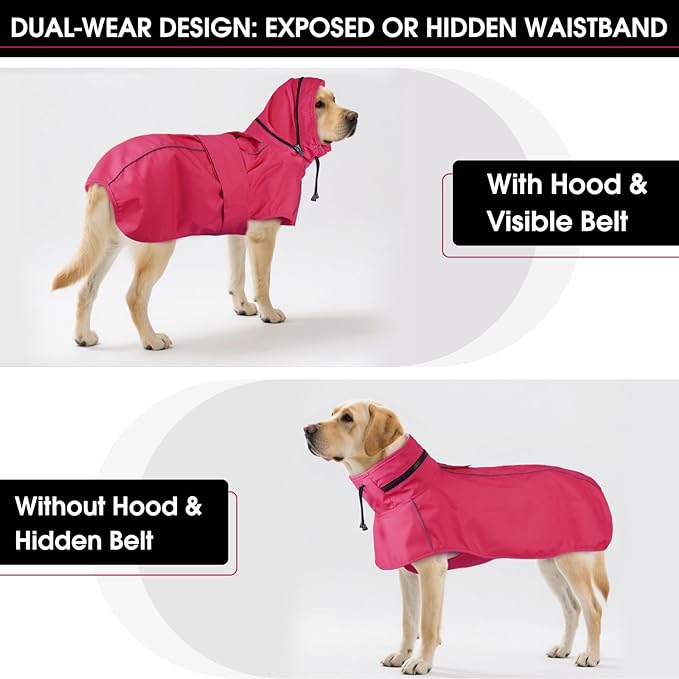 Dog Raincoats for Large Dogs with Hood, Waterproof Dog Rain Coat with Leash Hole, Reflect Strips, Ideal for Rain, Snow, Windy Weather & Outdoor Walks, Camping, Hiking - Pink L