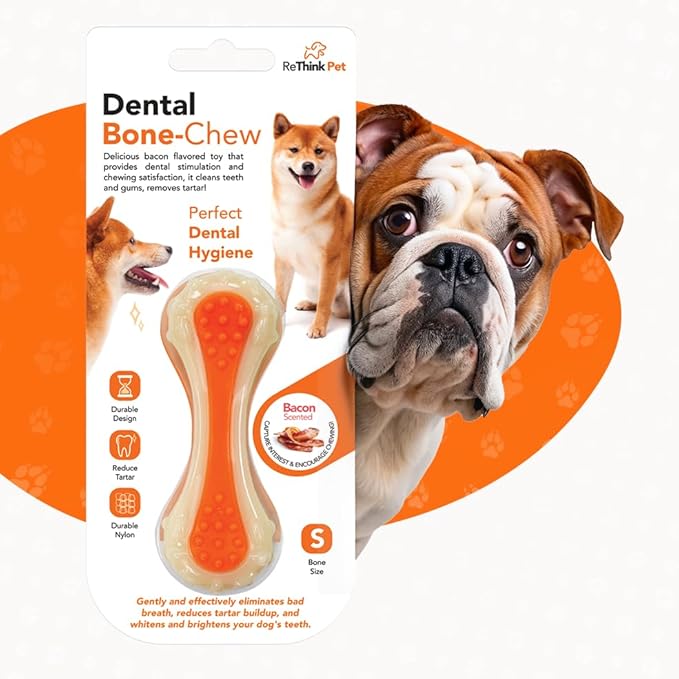 Dental Bone Chew Pet Toy Small, Bacon Scented and Flavored Dog Chew Toys, Orange