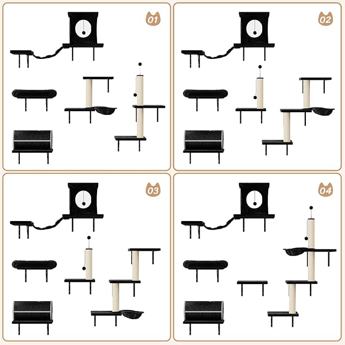NUNU LAB Cat Wall Shelves Set, 7 Pcs Wall-Mounted Cat Climber with Cat House, Tunnel, Bridge, Scratching Post, Hammock, Wall Shelves, Black