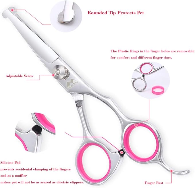 Dog Grooming Kit with Round Tip, 6 in 1 Cat Dog Grooming Scissors, Stainless Steel Pet Grooming Shears for Full Body, Face, Nose, Ear and Paw (pink)