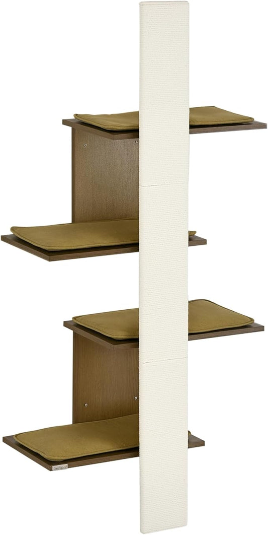 PawHut Wall-Mounted Cat Tree, 4-Layer Cat Wall Shelves Furniture with Scratching Board, Kitten Activity Center with Cushions, Natural