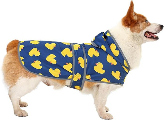 Dog Raincoat for Medium Dogs Waterproof Hooded Rain Jacket with Reflective Strips Leash Hole & Poncho Adjustable Fit (Duck,L)