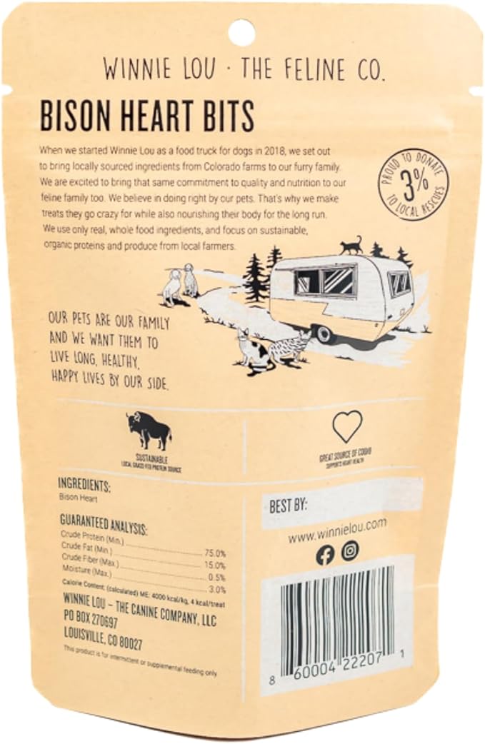 Winnie Lou The Canine Co. Grass-Fed Bison Heart Bits Cat Treats (Pack of 3) - Single Ingredient, High Protein Cat Food Snacks, Grain Free & Made in USA, with Taurine, Iron & Zinc for Healthy Cats