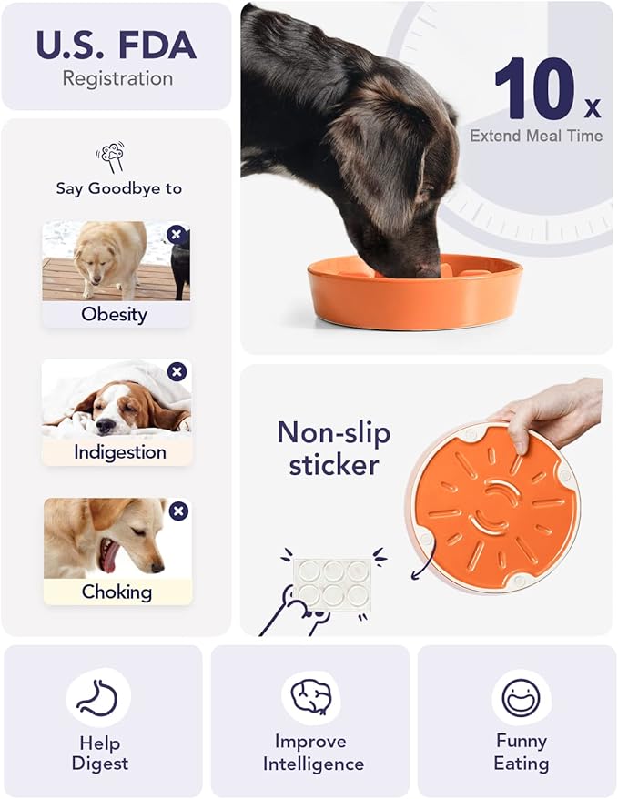 LE TAUCI Slow Feeder Dog Bowls Ceramic,3 Cups Slow Feeding Dog Bowl Medium Large Breed, Pet Bowl for Fast Eaters, Puzzle Pet Dishes,Sun Orange