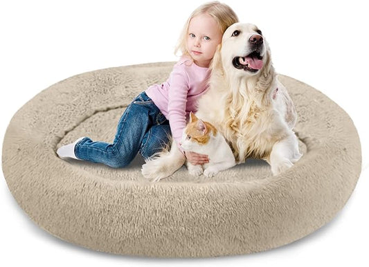 SAVFOX Plush Calming Donut Dog Beds for Small Dogs, Medium, Large & X-Large Breeds, Comfy Cuddler Dog Bed and Cat Bed in Faux Fur, Washable, Multiple Sizes S-XXL