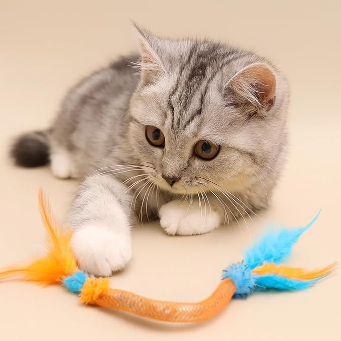 Cat Toys for Indoor Cats โ 2 Pack Feather Toys with Pom-Pom & Bells, 19.5 Inch Teething Cat Toys Bundle for Chew, Cat Spiral Spring, Kitten Teething Toys