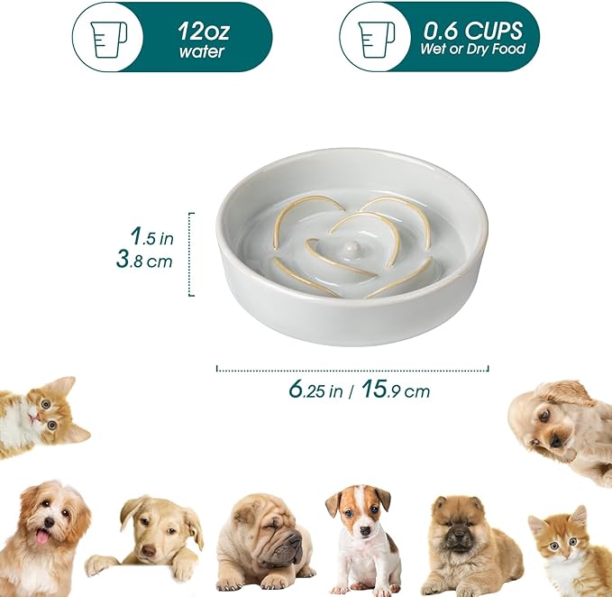 vancasso Slow Feeder Dog Bowl, 0.6 Cups Ceramic Dog Food Dish for Fast Eaters Small Breed, Puzzle Bowl for Small Dogs and Cats, Light Gray